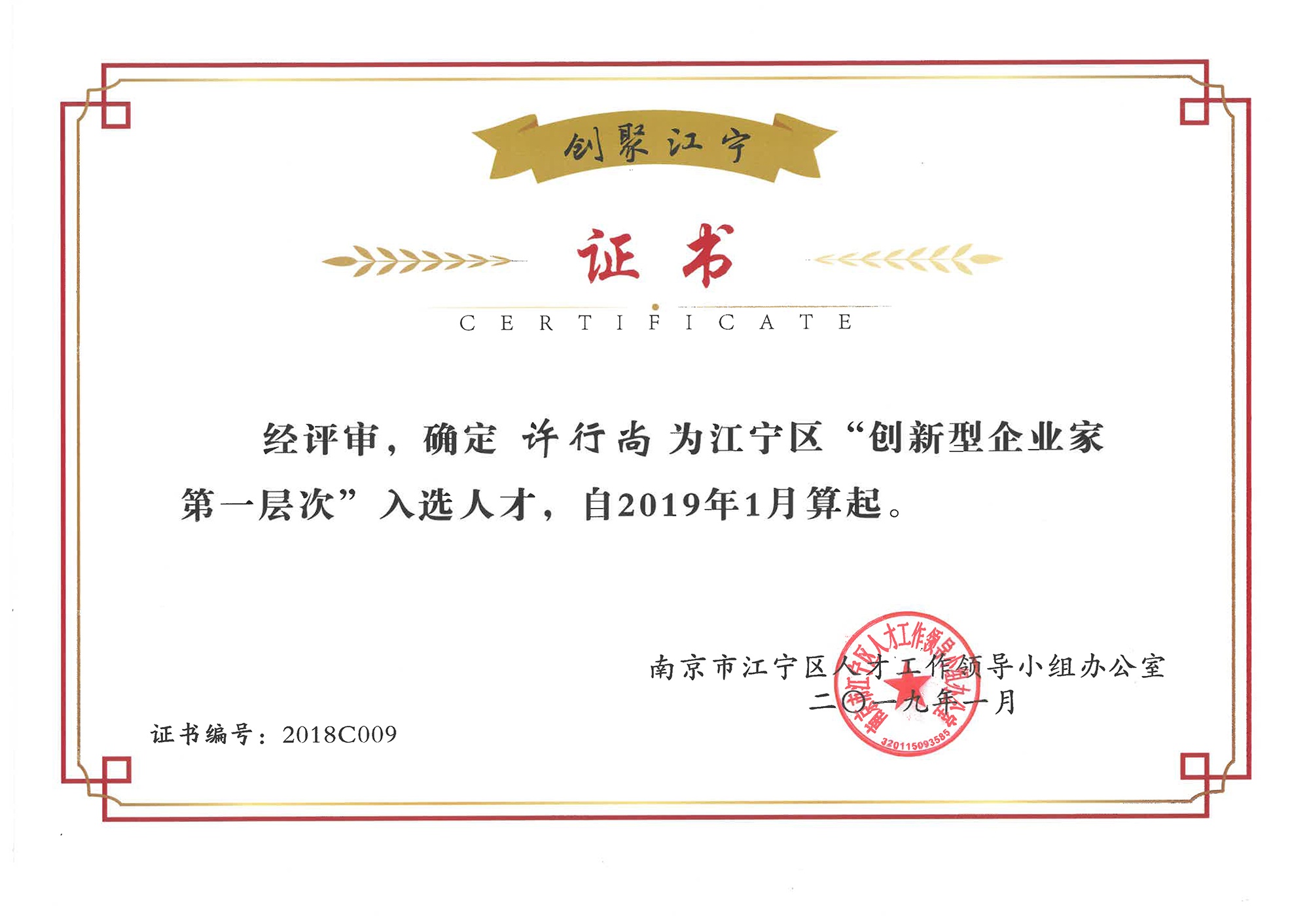 許行尚-江寧區“創新型企業家第一層次”入選